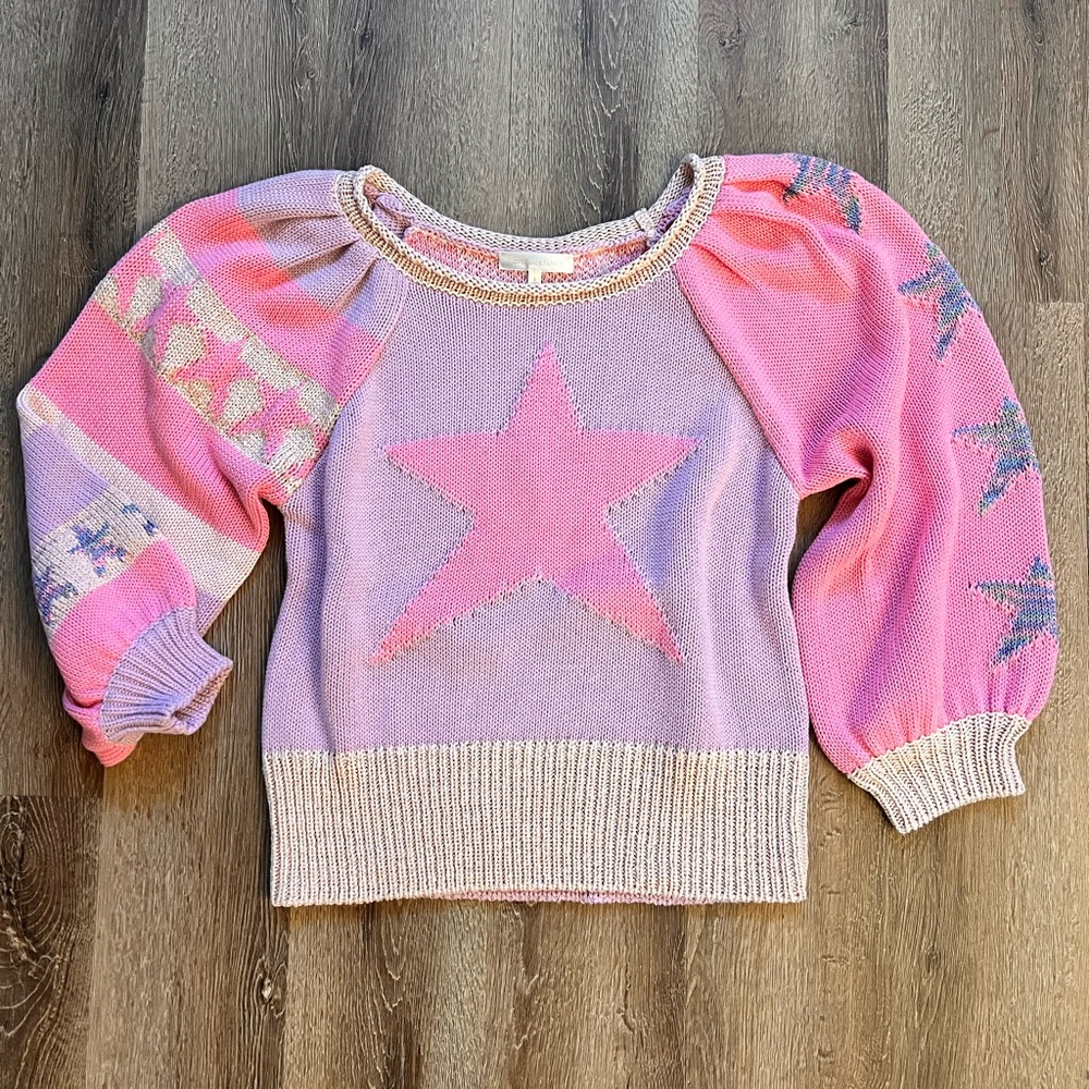 LoveShackFancy Pink Purple Star Intarsia Cotton Candy Ryland Sweater Small S